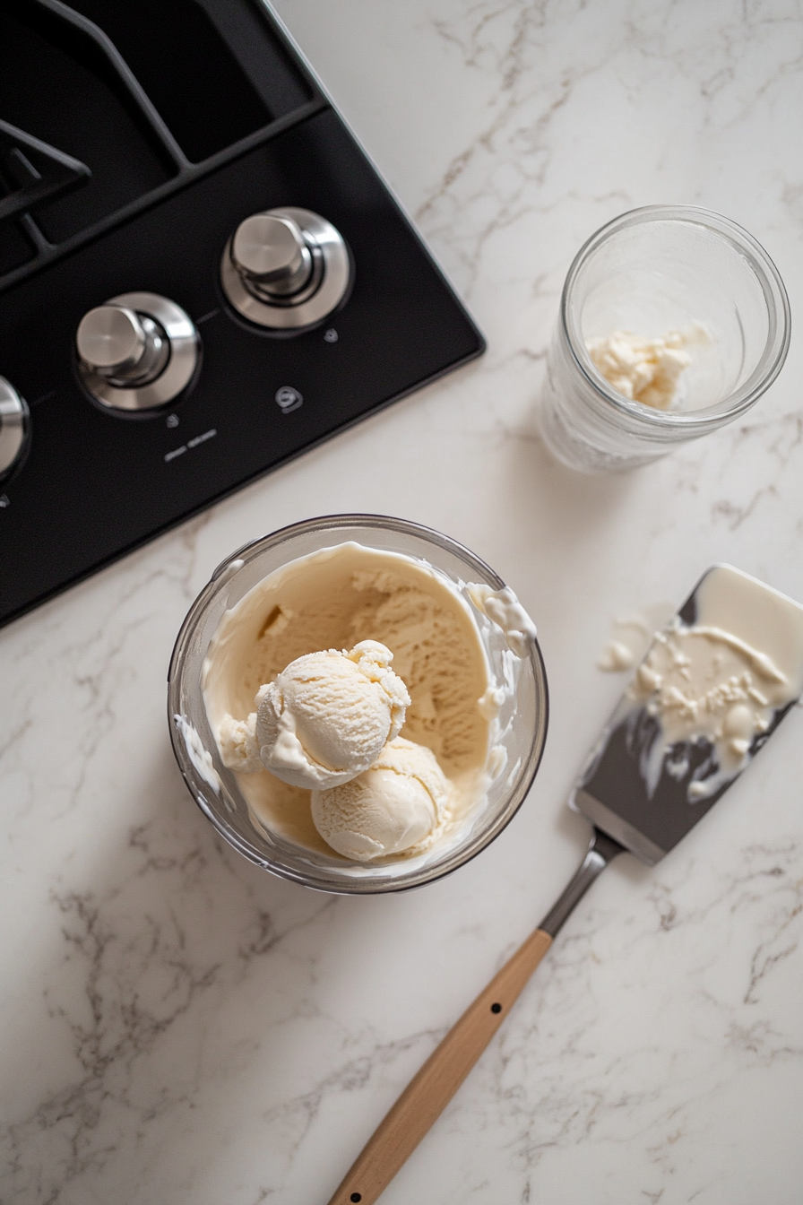 This image shows the chilled oat milk ice cream mixture being poured into an ice cream maker, where it will be churned according to the manufacturer's instructions until it reaches a soft-serve consistency.