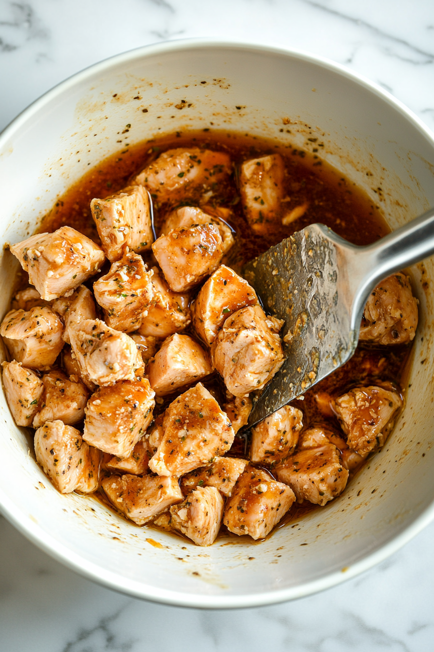 This image shows diced chicken breasts being coated with the prepared marinade, allowing the chicken to absorb the flavors before cooking for a tender and savory result.