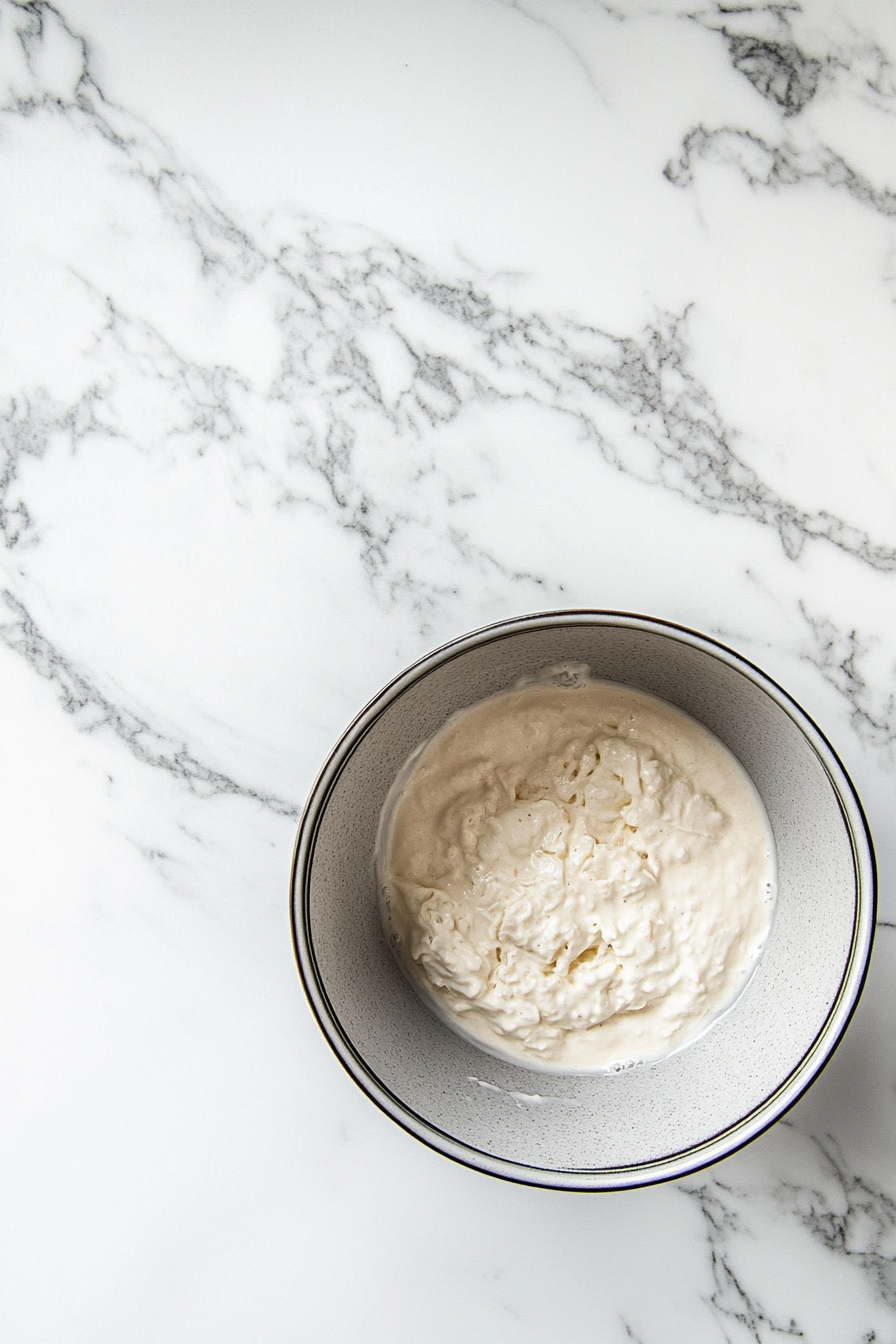 image shows a covered pot in the refrigerator, where the cooled oat milk ice cream mixture is being chilled for at least four hours or overnight to enhance the flavors and texture.