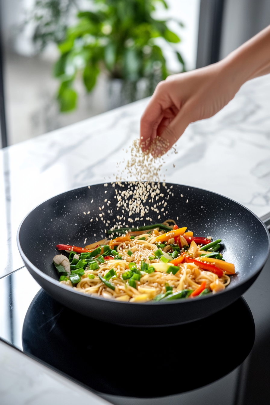 This image shows the skillet being removed from the heat after the noodles, vegetables, and protein have been stir-fried and well combined, ready to be garnished and served.