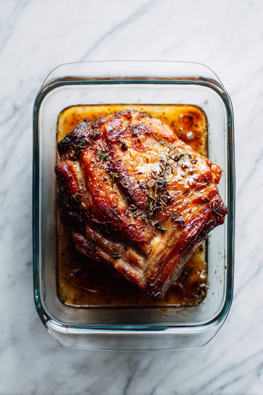 Preheat the oven to 375°F. Take the lid off the pork and roast it for 20 minutes. Then, turn the heat down to 225°F and roast it for about 2 hours and 20 minutes until it's tender. Baste it now and then. Let it sit for 10 minutes before slicing.