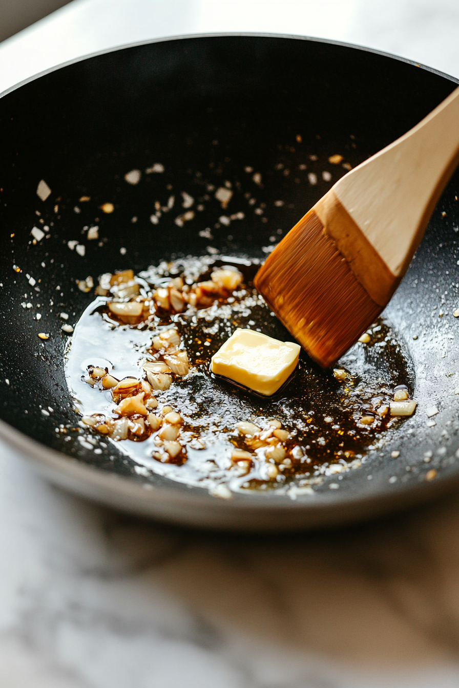 This image shows a frying pan with melted butter and sesame oil, where minced garlic and ginger are being sautéed to release their aromatic flavors, creating a delicious base for the noodles.