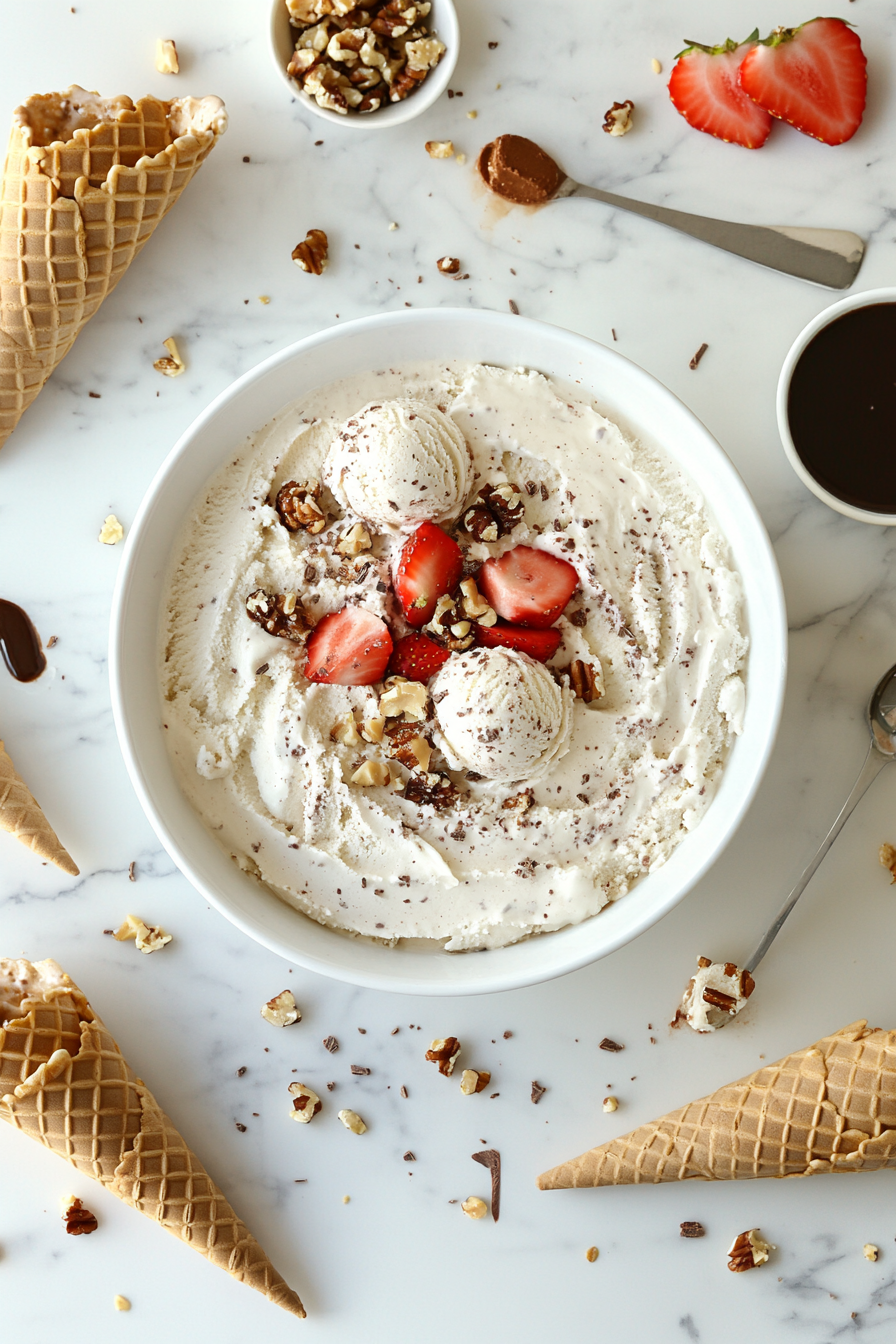 This image shows freshly churned oat milk ice cream being scooped into bowls and cones, ready to be enjoyed as a delicious dairy-free dessert that satisfies sweet cravings.