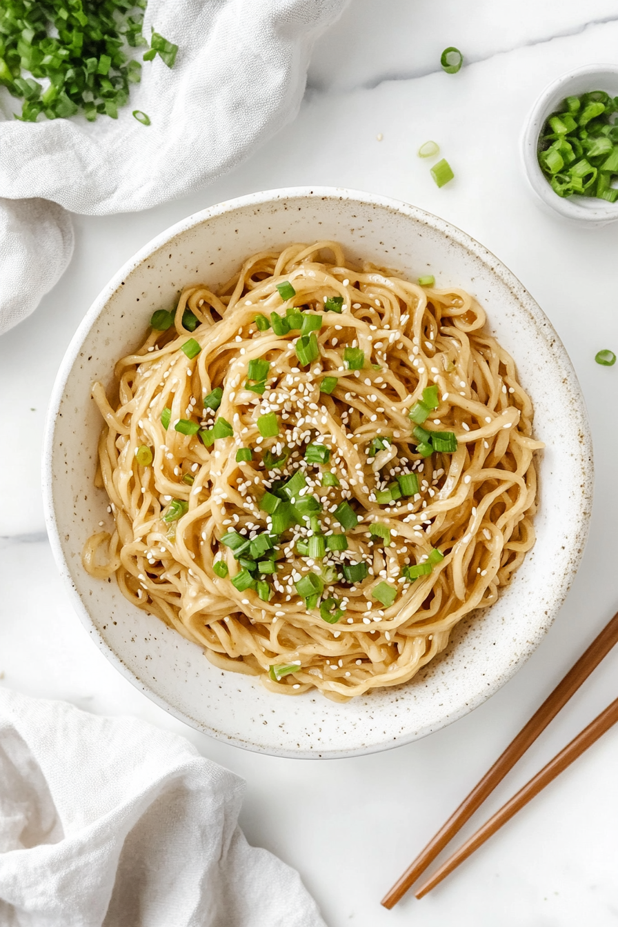 This image shows a beautifully plated dish of hibachi noodles, garnished with sesame seeds, ready to be enjoyed as a flavorful main course.