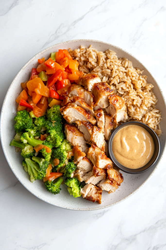 his image shows a beautifully presented plate of hibachi chicken, served with sautéed vegetables, fried rice, and a side of mustard sauce, making a perfect homemade Japanese meal.