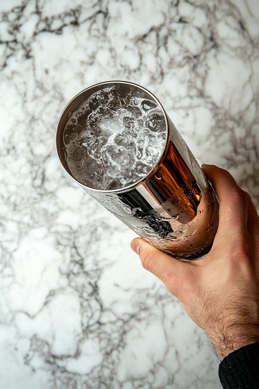 This image shows a bartender shaking the cocktail shaker vigorously to chill and mix the ingredients for the Hemlock Drink, ensuring a well-blended and refreshing beverage.