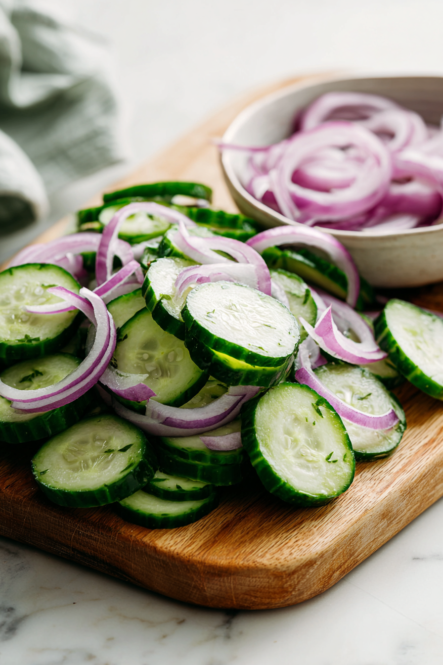 Slice the cucumbers about ¼ inch thick. If you’re using an English cucumber, cut it into quarters.