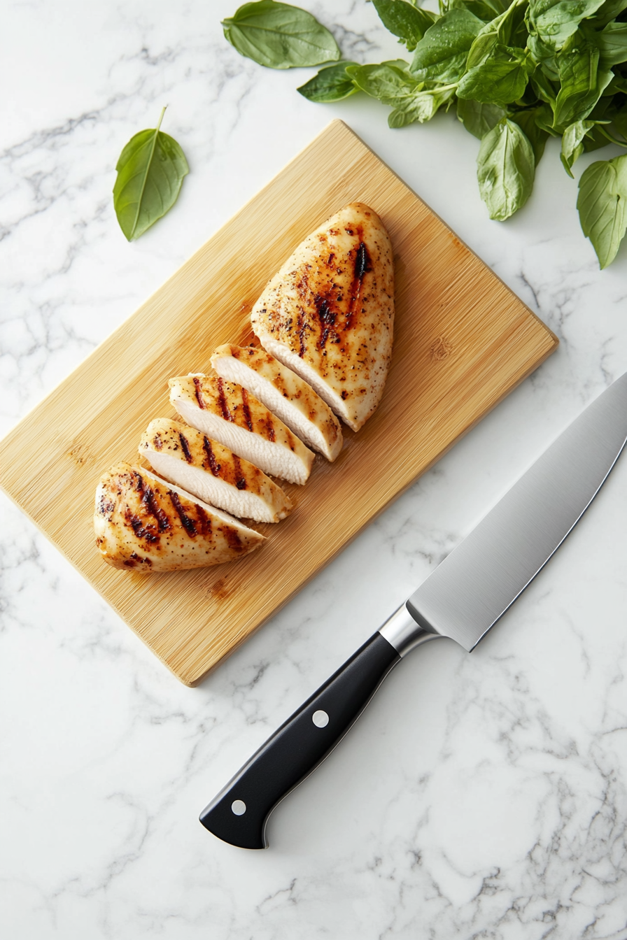 Slicing grilled chicken breasts into tender pieces after resting