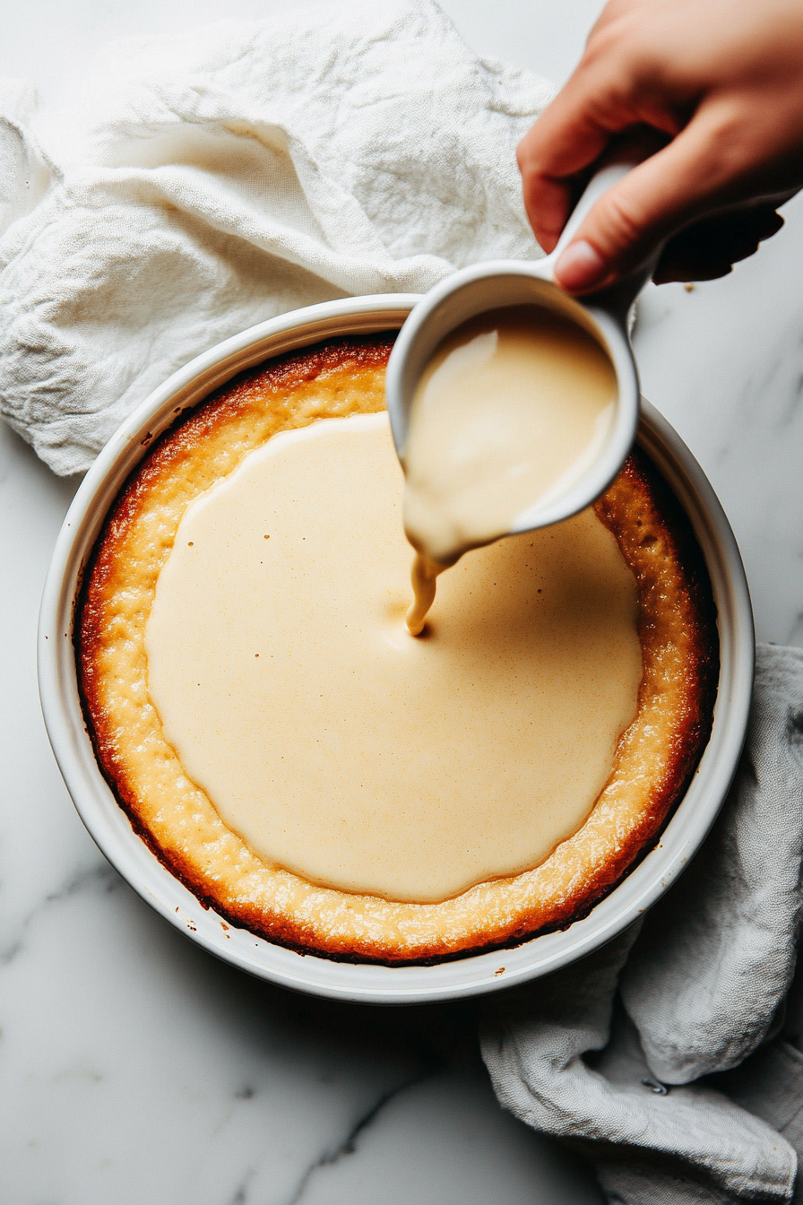 This image shows the creamy custard mixture being poured and spread evenly over the baked cassava cake before returning it to the oven.