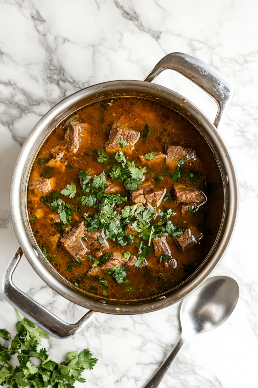 This image shows the hot lamb soup being garnished with finely chopped fresh coriander and seasoned, ready to be served for a comforting meal.