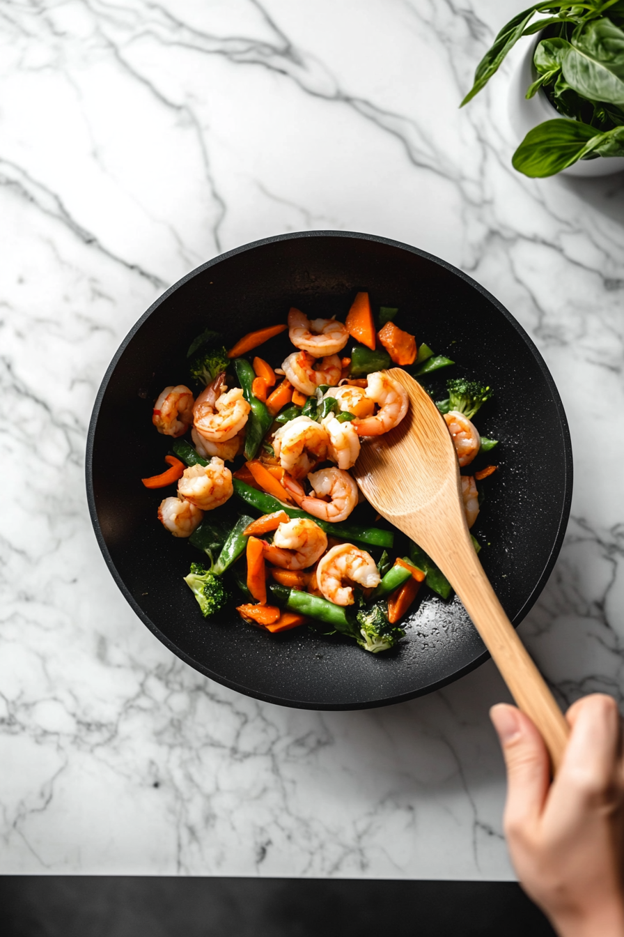 This image shows a variety of colorful vegetables, including bell peppers, snap peas, and carrots, being stir-fried in a large skillet, softening them for the Trader Joe's squiggly noodle stir-fry.