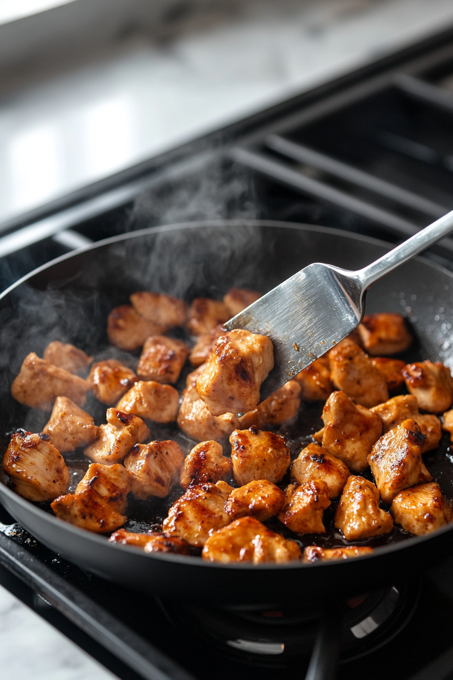 This image shows marinated chicken being cooked in a large skillet over medium-high heat, with the chicken pieces browning and becoming fully cooked while being stirred occasionally.