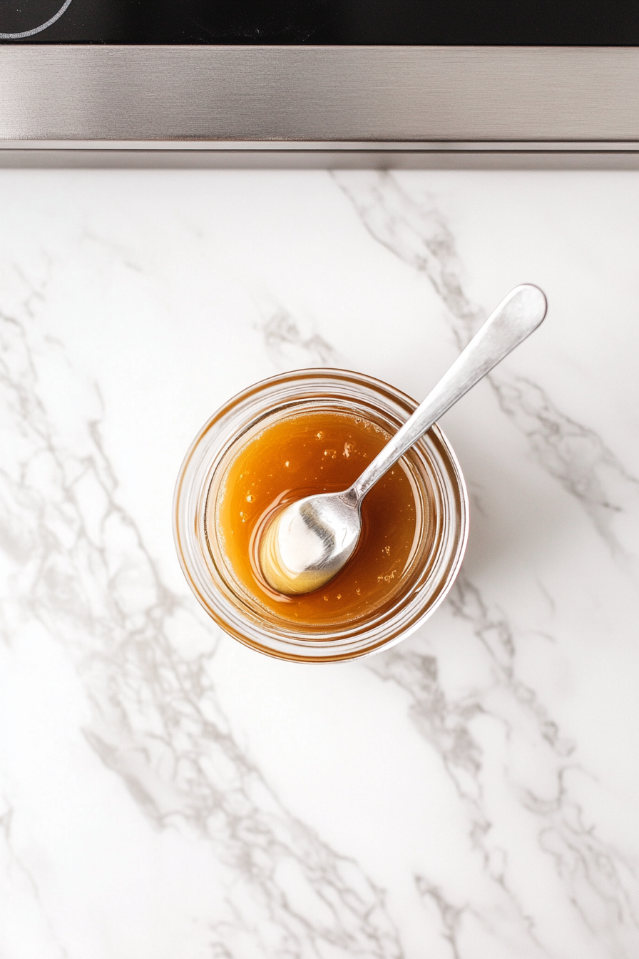 This image shows warm water being mixed with honey in a mason jar, creating the base for the apple cider vinegar shots, ensuring the honey dissolves smoothly.