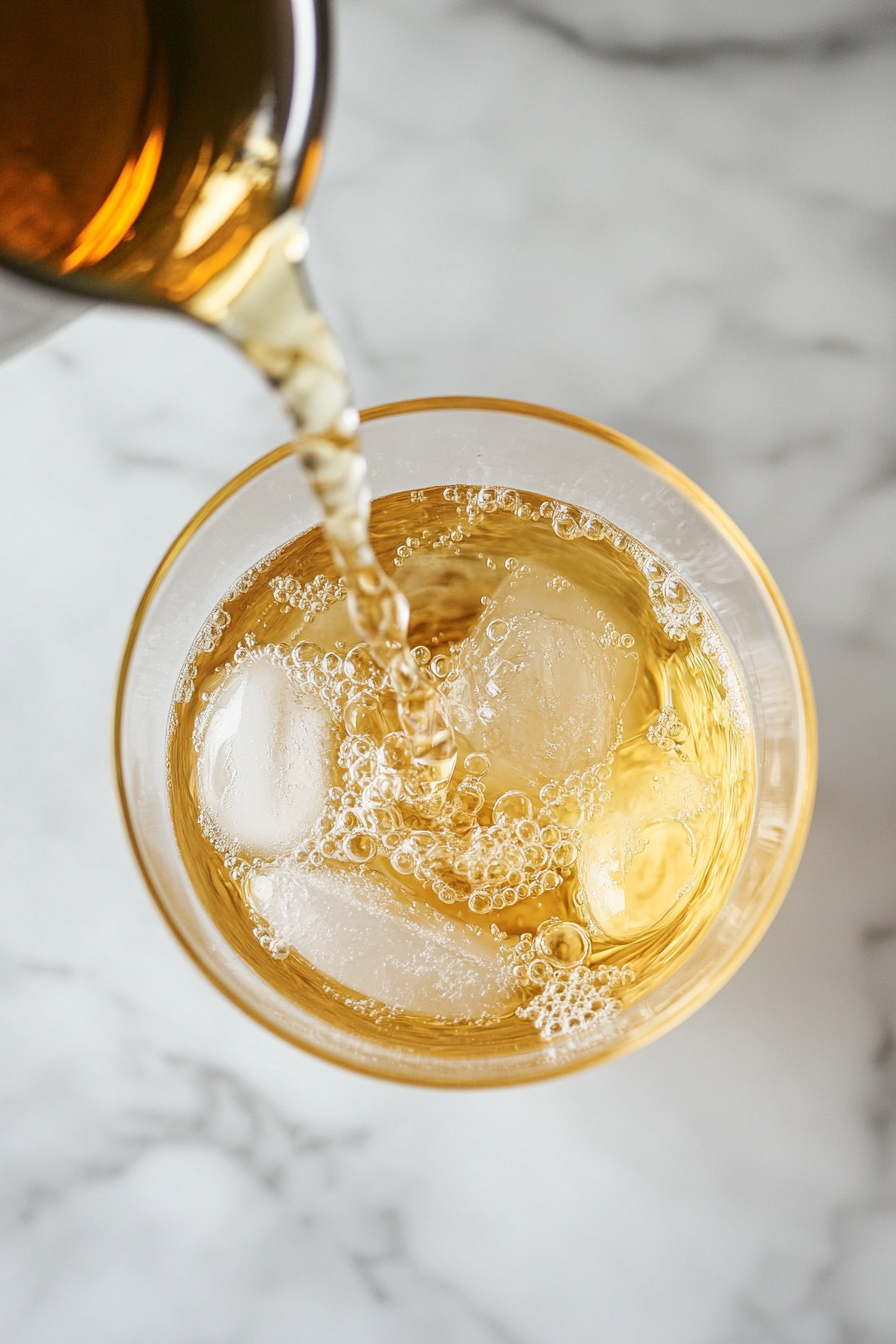 This image shows the bartender straining the freshly shaken Hemlock Drink into a highball glass filled with ice, ready to be garnished and served.