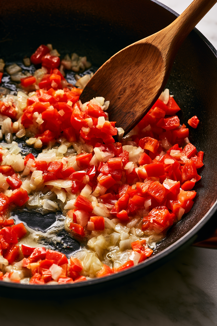 Then, add the red pepper and onion, and cook them over low heat for 10 minutes