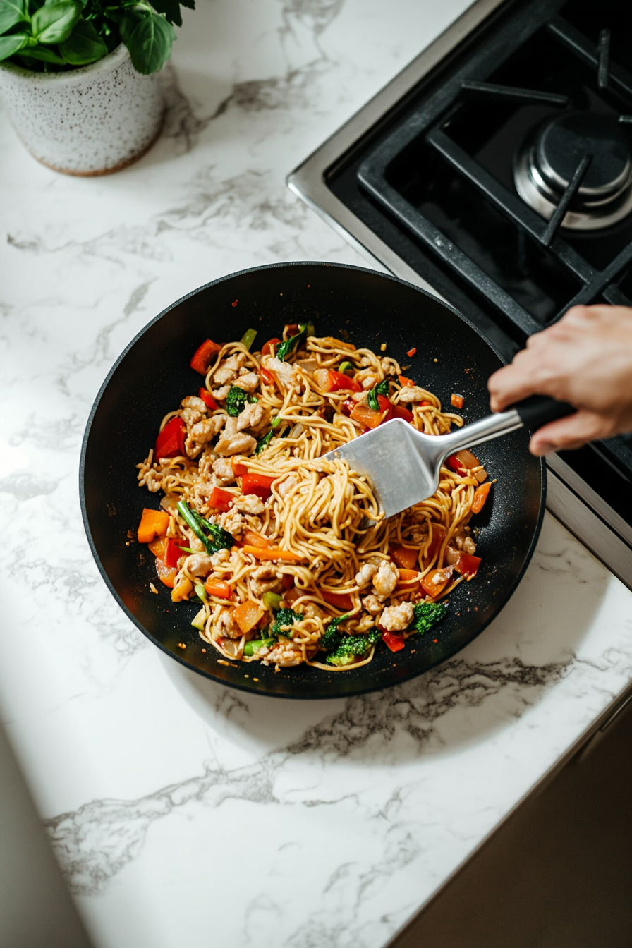 This image displays the squiggly noodles, stir-fried vegetables, and protein being tossed together in the skillet until all the ingredients are evenly coated with the flavorful sauce.