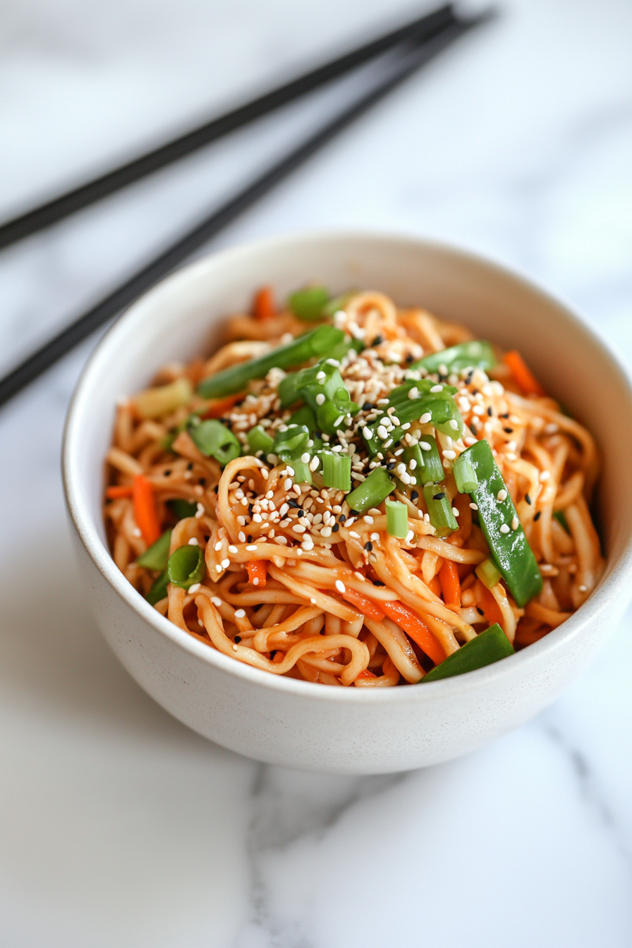 This image shows a plate of hot Trader Joe’s squiggly noodles, beautifully garnished with chopped green onions and sesame seeds, ready to be enjoyed as a delicious stir-fry meal.