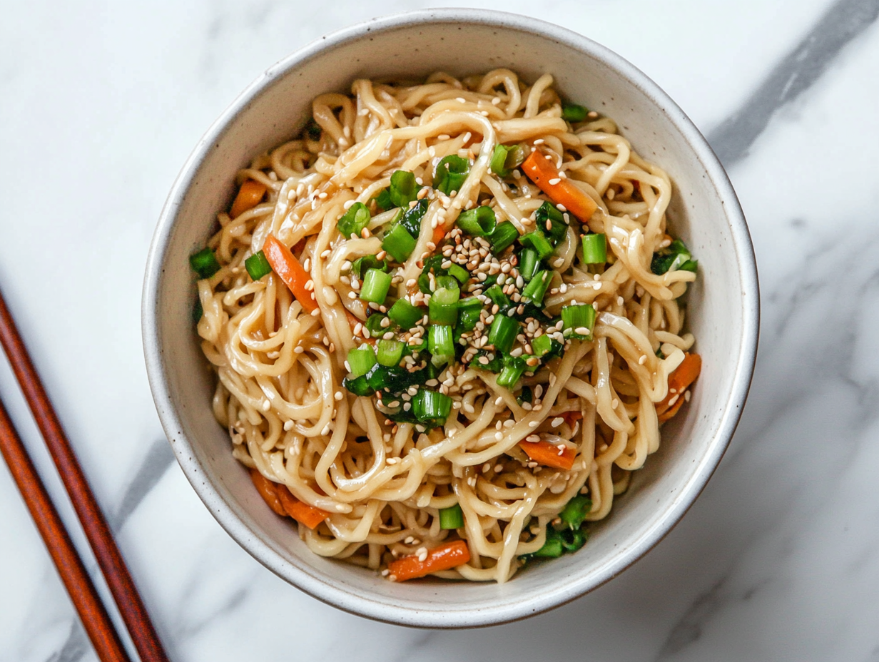 This image features a vibrant dish of Trader Joe’s squiggly noodles stir-fried with colorful vegetables and your choice of protein, topped with green onions and sesame seeds, making a visually appealing and delicious meal.