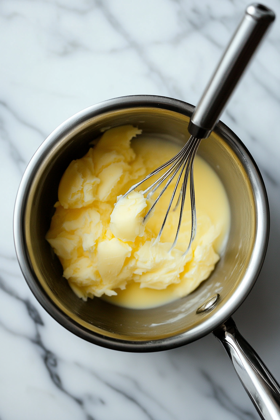 This image shows unsalted butter melting in a saucepan, creating the base for the infusion with decarboxylated cannabis.