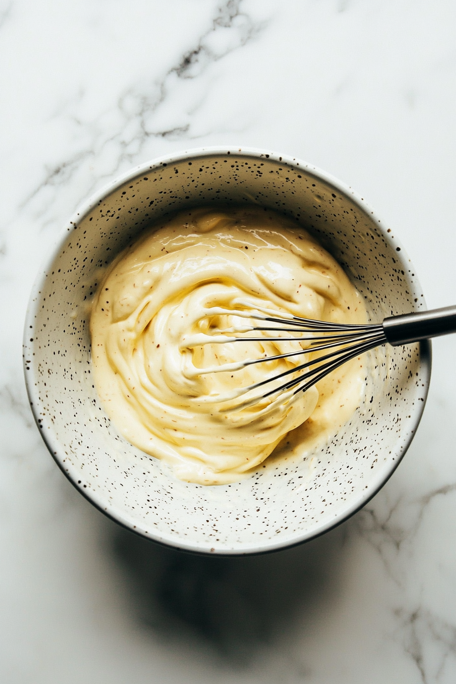 This image shows a hand whisking together mayonnaise, Dijon mustard, hot sauce, Worcestershire sauce, and seasonings in a mixing bowl, blending the ingredients to make a smooth and spicy crab cake sauce.