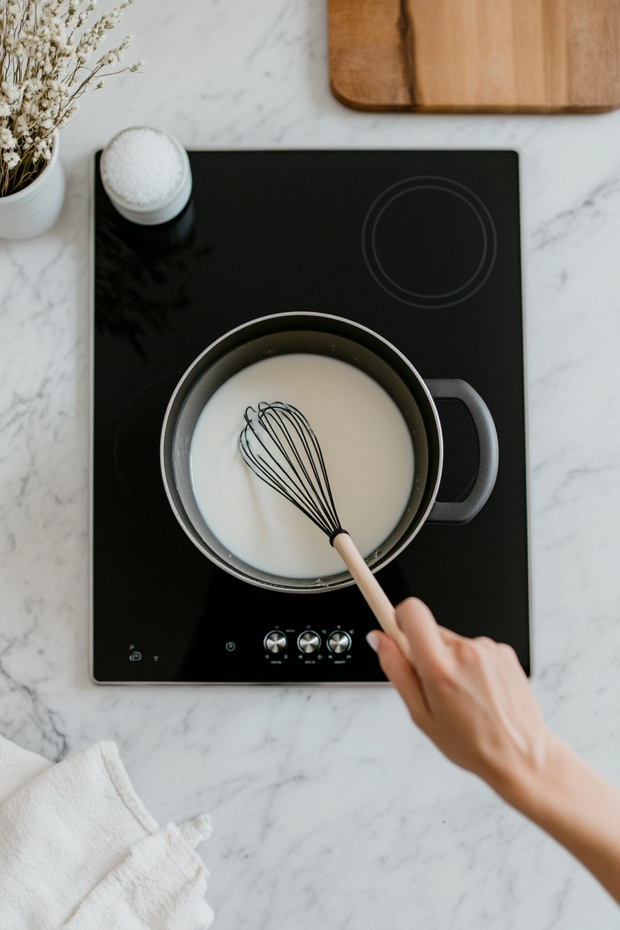 This image shows a mixing bowl with oat milk, full-fat coconut milk, granulated sugar, cornstarch, and pure vanilla extract being whisked together to create a creamy mixture for the oat milk ice cream.