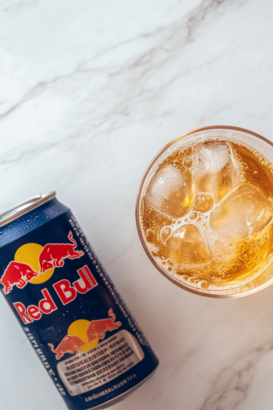 This image shows Red Bull being poured into a tall glass until it is three-quarters full, setting the stage for the exciting drop of the Vegas Bomb Shot.