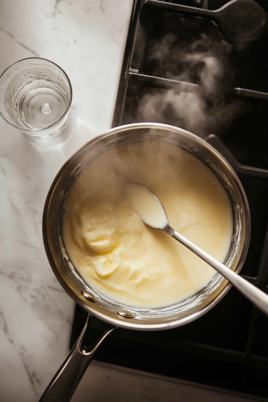 This image shows the custard mixture being cooked on medium heat until it thickens and coats the back of a spoon, creating the rich and smooth texture for the Coffee Loophole recipe.