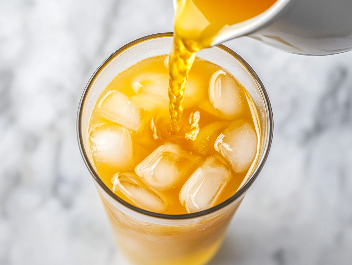 This image shows the cortisol cocktail for weight loss beautifully served in a glass filled with ice, featuring vibrant lemon slices, ginger, and turmeric, creating a refreshing and health-boosting drink.