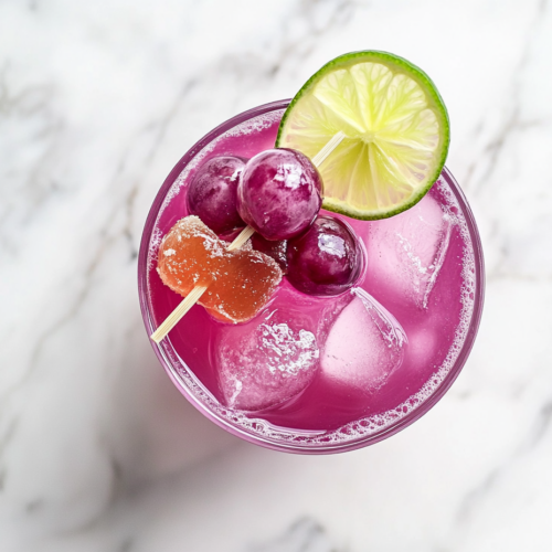 This image shows a finished Transfusion cocktail served in a tall glass filled with ice, garnished with a lime wheel, grape, and candied ginger cube, ready to enjoy