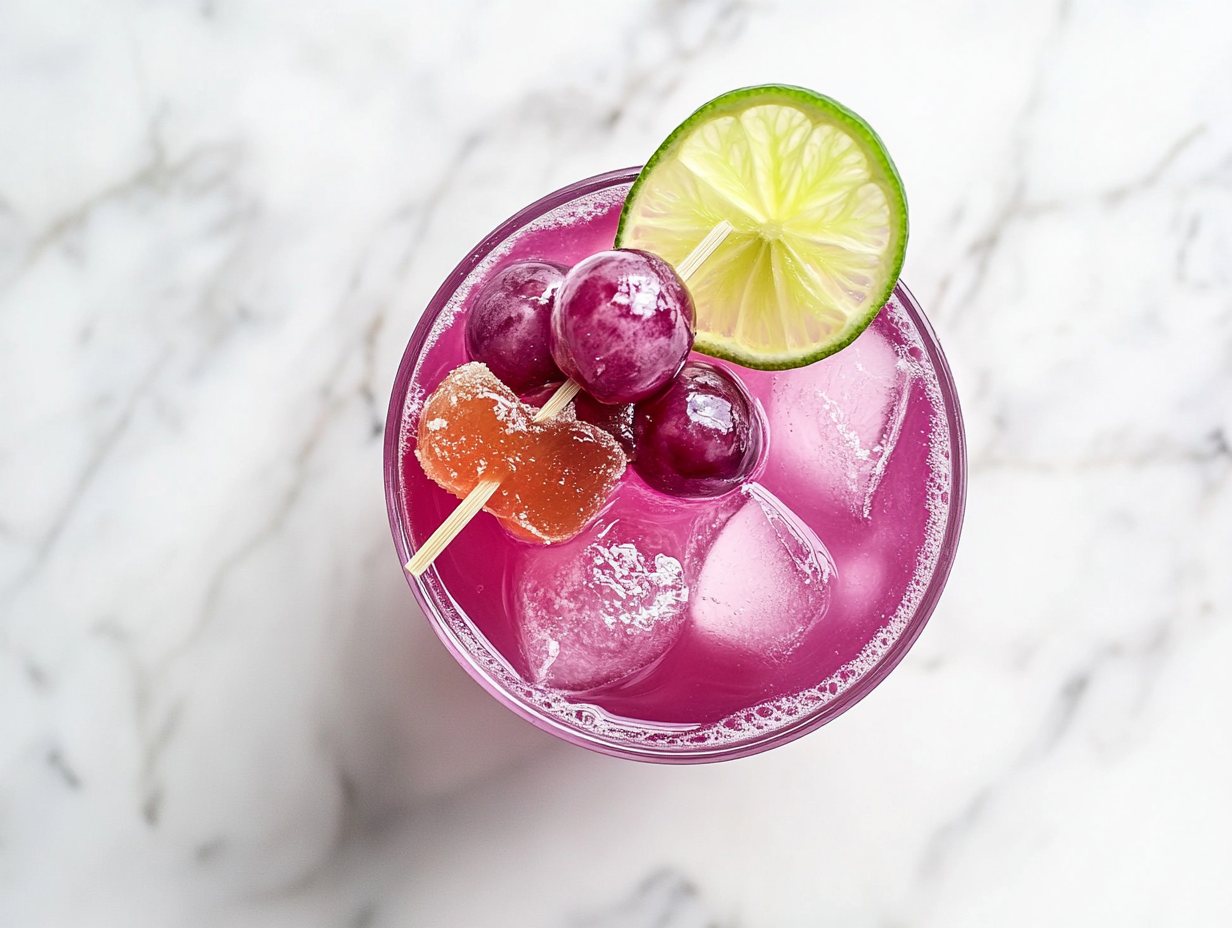 This image shows a finished Transfusion cocktail served in a tall glass filled with ice, garnished with a lime wheel, grape, and candied ginger cube, ready to enjoy