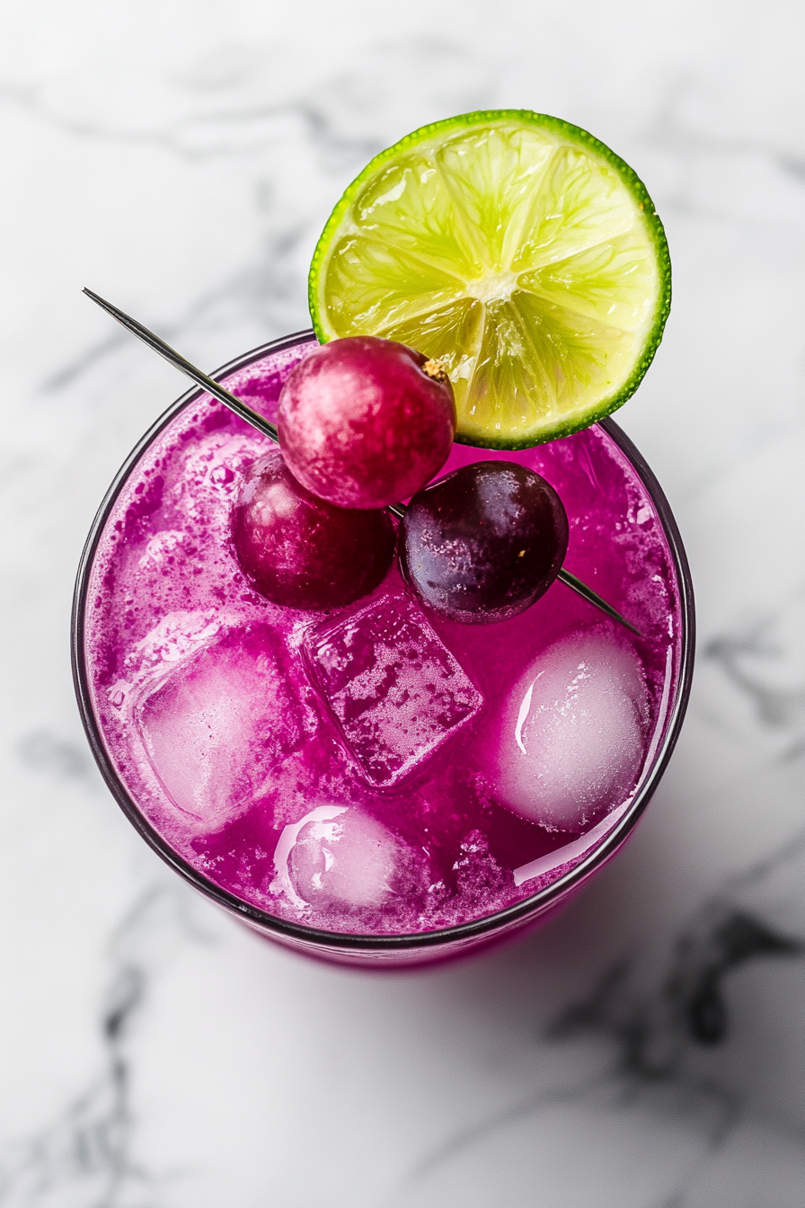 This image shows the Transfusion cocktail being garnished with a lime wheel, grape, and candied ginger cube on a cocktail pick, giving the drink a stylish and flavorful touch.