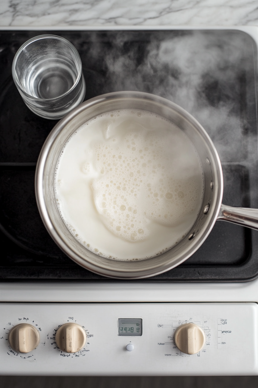 This image shows a saucepan on the stove as heavy cream, whole milk, and sugar are being heated over medium heat, preparing the base for the custard in the Coffee Loophole recipe.