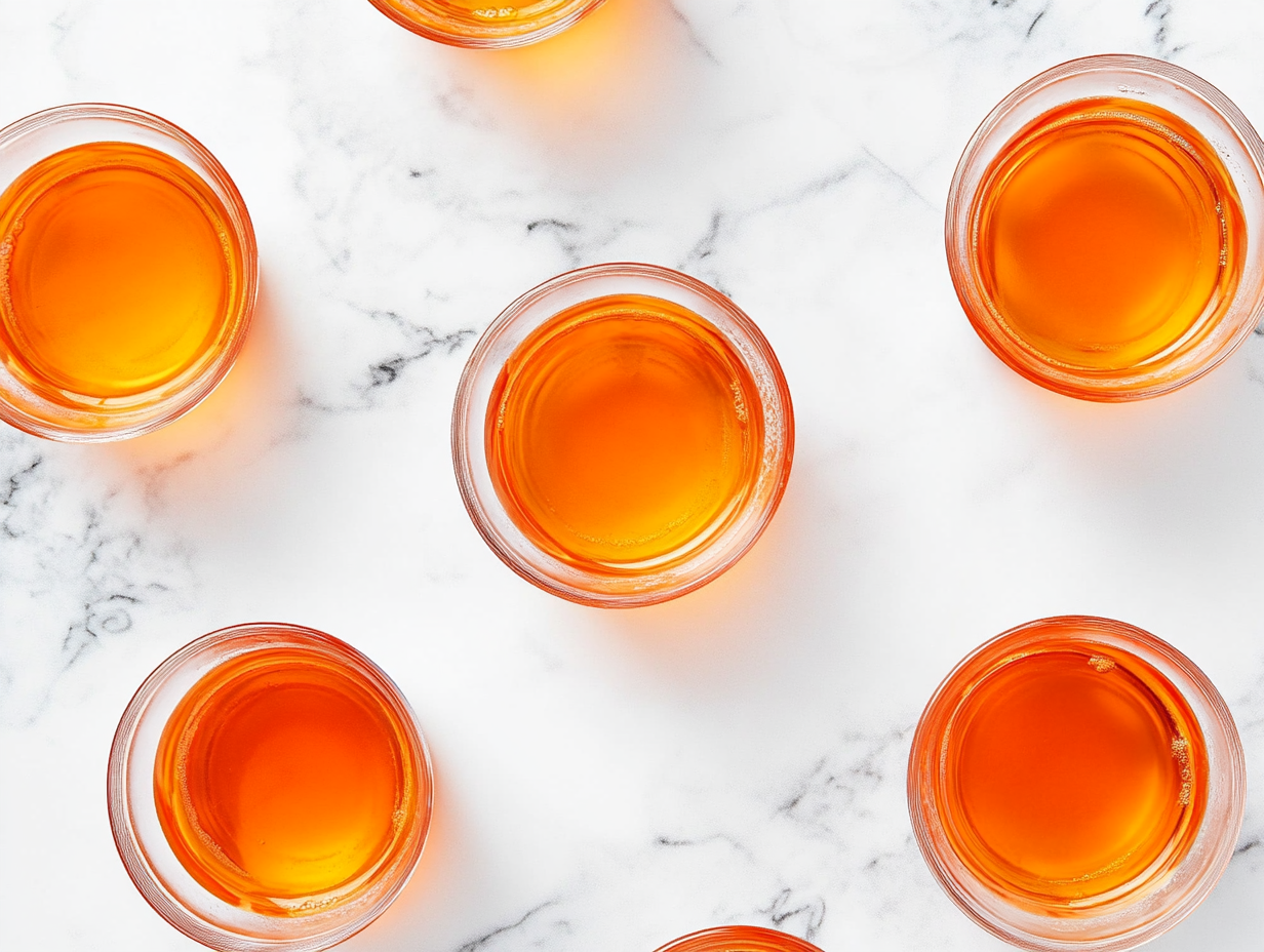 This image shows Orange Tea Shots served in small shot glasses, featuring a refreshing blend of whiskey, peach schnapps, sour mix, and optional lemon-lime soda for a vibrant, citrusy drink experience.