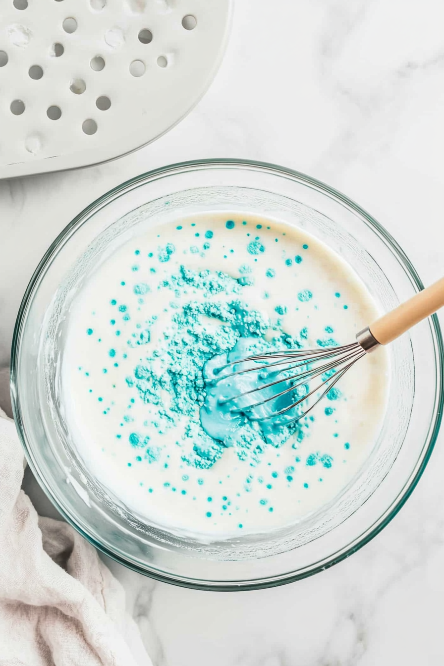 Top-down image of a vibrant blue pudding mixture being poured into the holes of the cotton candy cake. The pudding was made using white chocolate instant pudding mix, milk, and food coloring in a glass bowl. The scene shows the soaking step, which adds both moisture and sweet, colorful flavor throughout the cake.