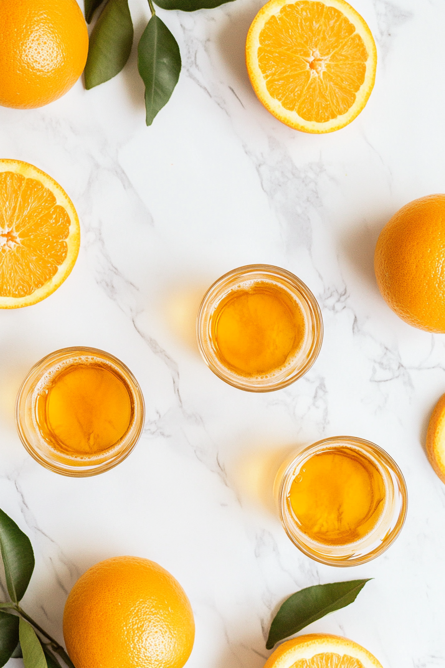 This image shows the Orange Tea Shot mixture being poured from the cocktail shaker into shot glasses, ready to be served.