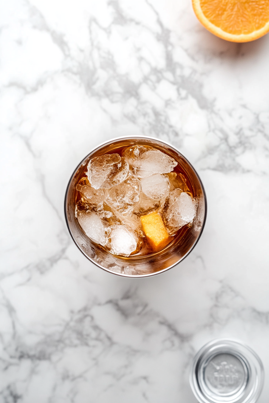 This image shows a person shaking the cocktail shaker vigorously, mixing the whiskey, peach schnapps, and sour mix to create the perfect Orange Tea Shot.