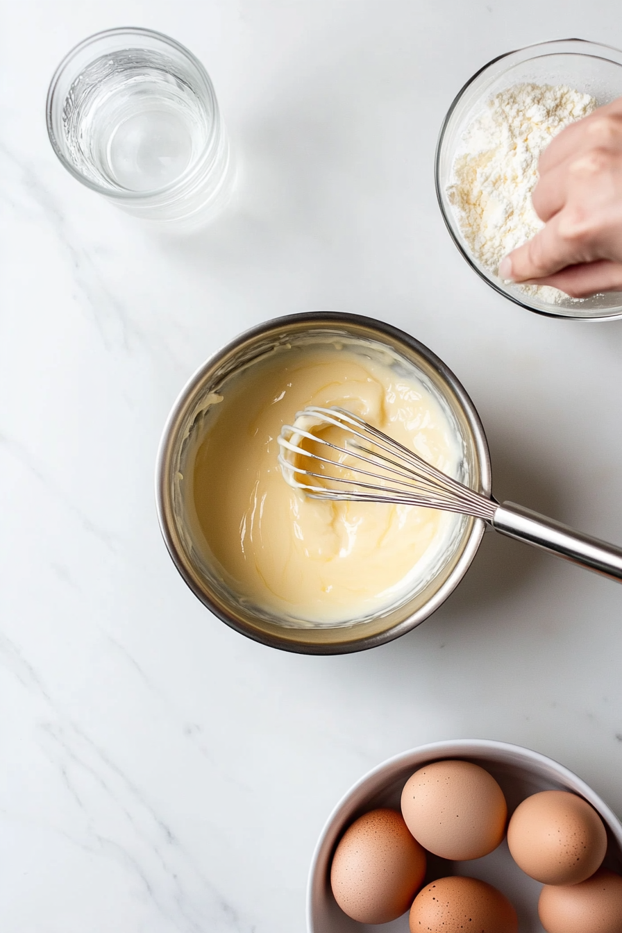 This image shows hot cream being gradually poured into the whisked egg mixture to temper the eggs without scrambling, an important step in the Coffee Loophole recipe.