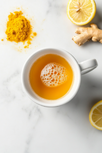 This image shows fresh lemon juice being squeezed into the tea, along with grated ginger and turmeric being mixed in, adding vibrant color and powerful nutrients to the cortisol cocktail