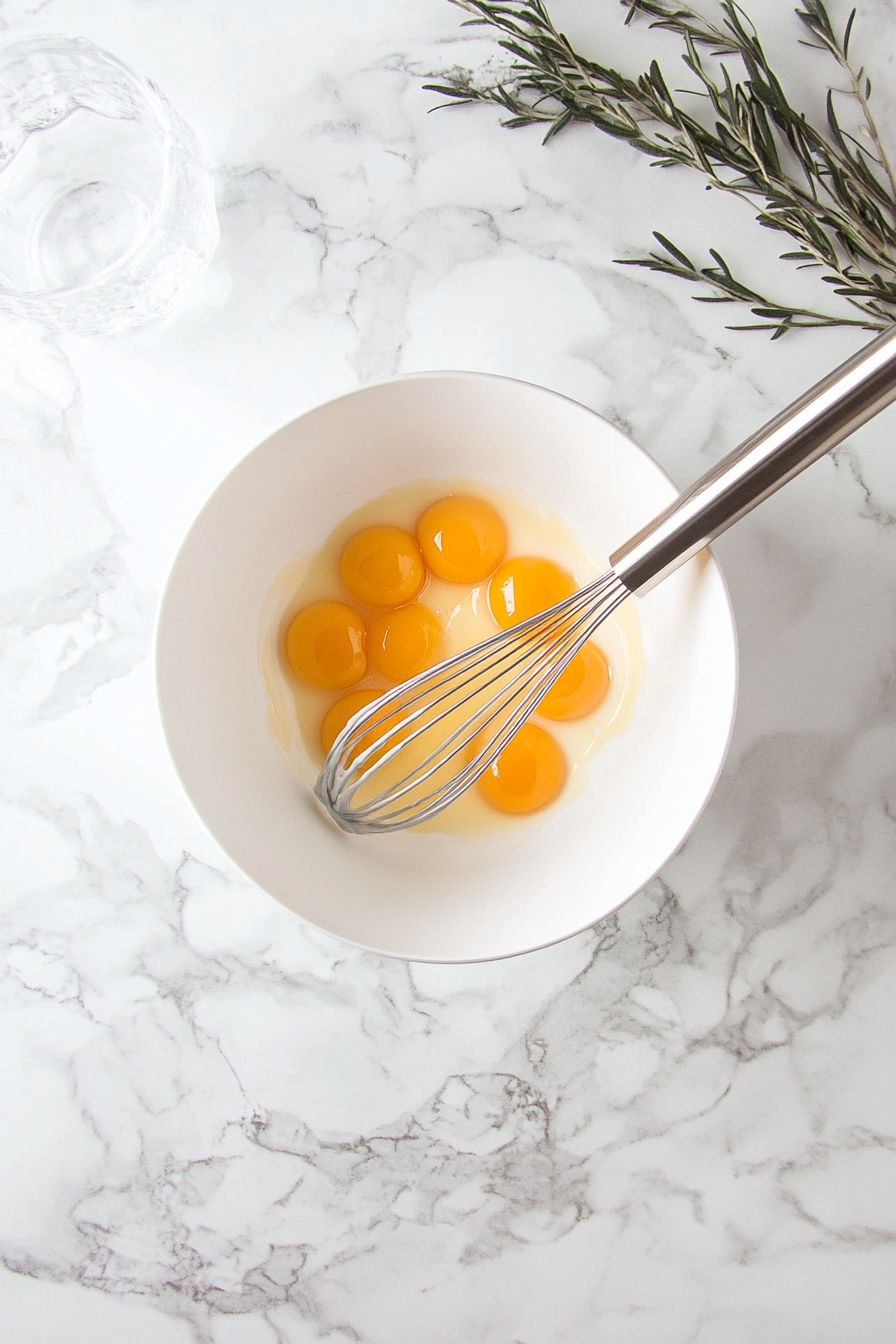 This image shows a mixing bowl with egg yolks, sugar, cornstarch, and salt being whisked together until smooth and pale, forming part of the Coffee Loophole custard base.