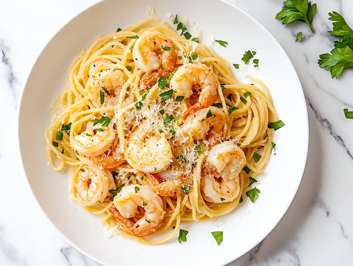 This image shows a delicious plate of shrimp scampi served with pasta, garnished with fresh parsley, perfect for an easy and flavorful Italian-inspired meal made in a slow cooker.