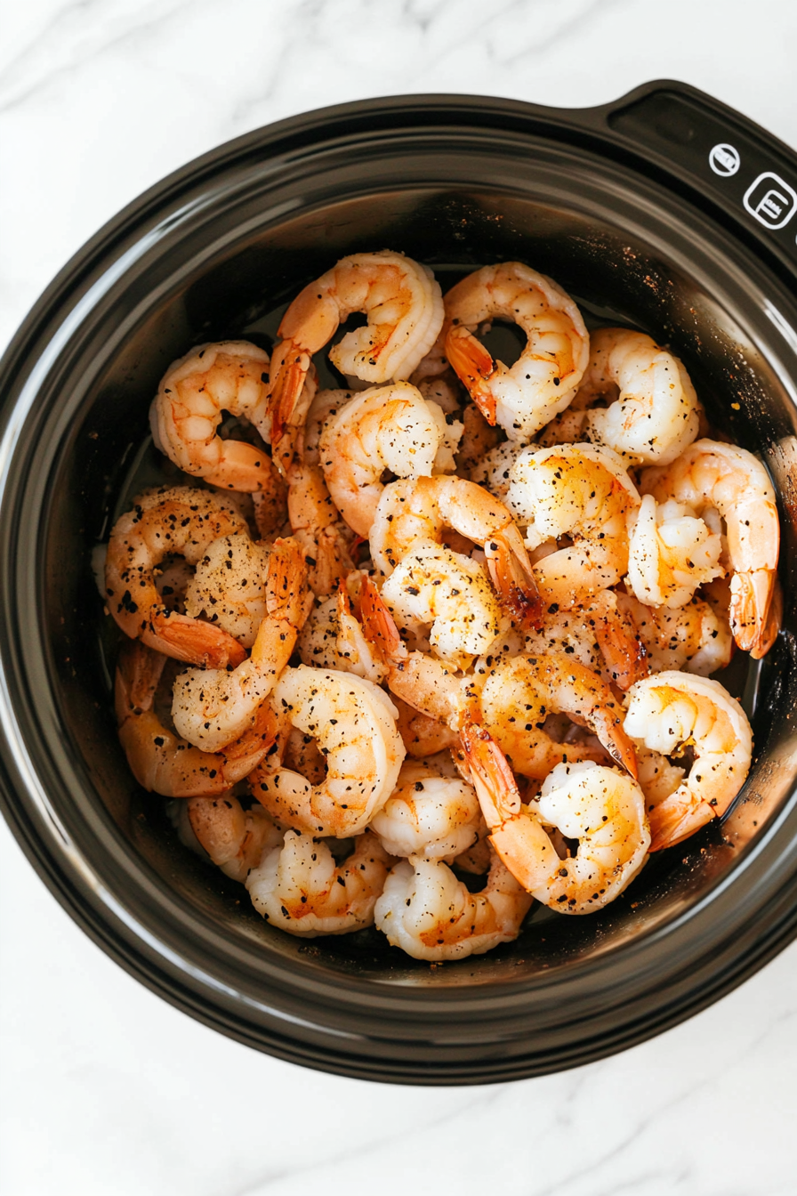 This image shows the process of adding frozen shrimp, butter, olive oil, lemon juice, minced garlic, and seasonings into the slow cooker to prepare the shrimp scampi.