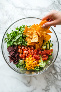 This image shows Frito corn chips and fresh salsa being added to the taco salad, enhancing the dish with a crunchy texture and zesty flavor, perfect for a balanced and delicious bite.