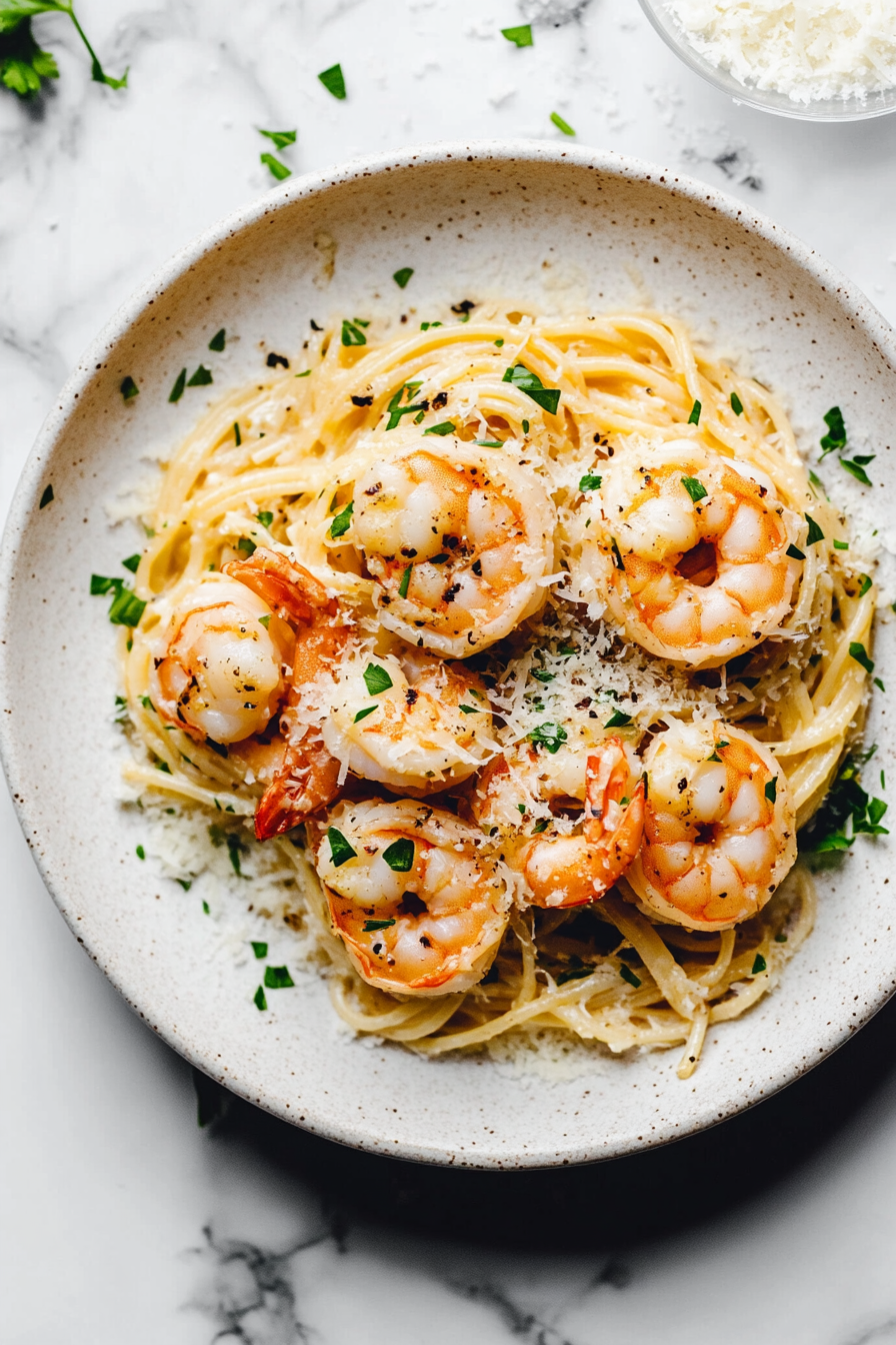 This image shows the final step of garnishing shrimp scampi with fresh parsley and optional grated parmesan cheese on top of the pasta and shrimp.