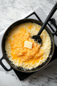 This image shows shredded smoked Gouda cheese and butter being added to the cooked grits, just before stirring to melt and combine for a rich, creamy consistency.