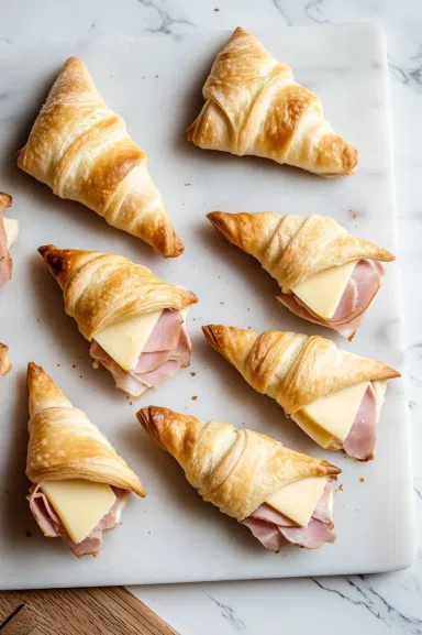 Crescent roll triangles on a white marble cooktop, each topped with a slice of deli ham and half slices of Swiss cheese. The rolls are being folded over the filling, ready to be rolled tightly. The scene captures the assembly process.