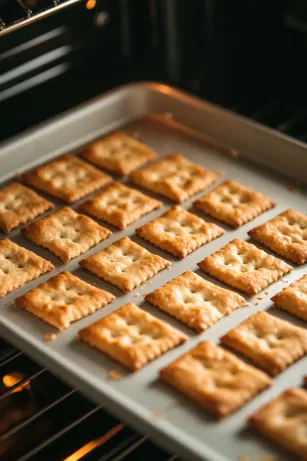 The baking sheet sits in the oven at 400°F, visible on the marble cooktop, where the crackers bake for about 15 minutes until golden. They crisp up further as they cool.