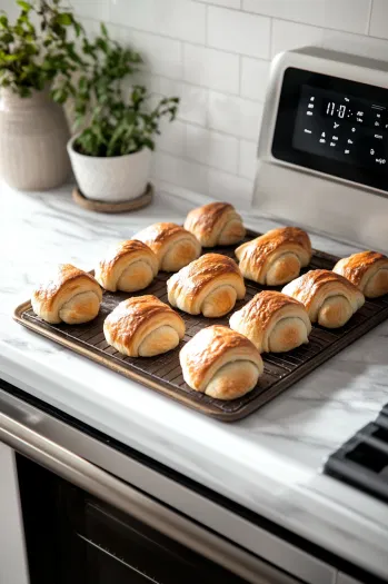 Golden-brown crescent rolls just out of the oven on a baking sheet, cooling for 5 minutes. A timer shows 12-14 minutes of baking time. The scene captures the appetizing, fresh-baked look of the rolls as they cool.