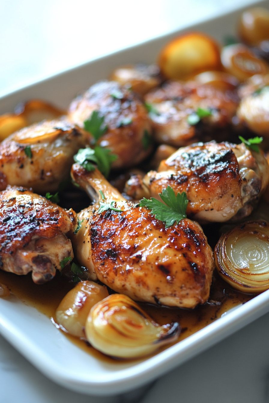 This image shows the chicken being basted with more of the orange marmalade glaze while baking, ensuring the final dish has a sticky, flavorful coating.