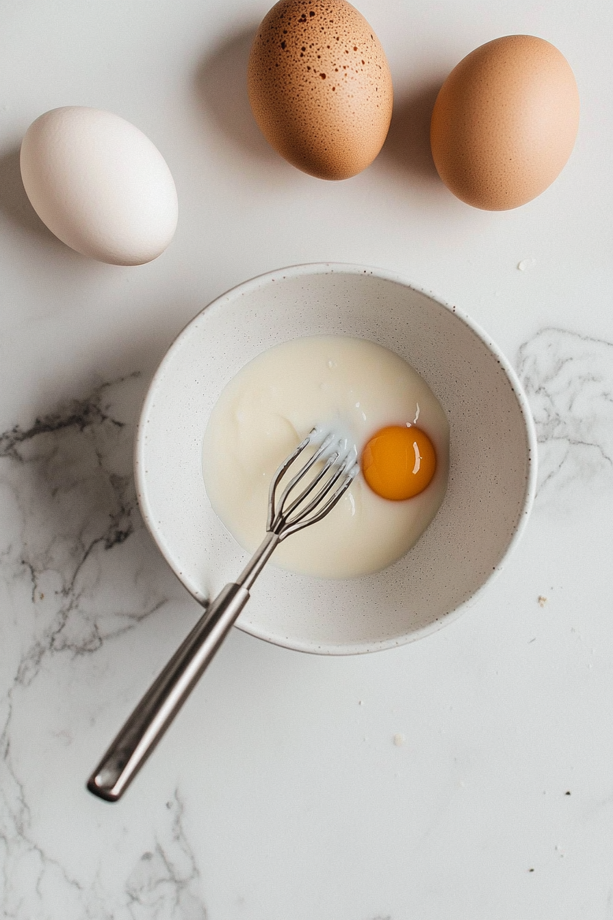 This image shows milk, eggs, and vanilla being beaten together in a medium mixing bowl, creating a smooth liquid mixture that will be added to the dry ingredients for the cherry bread.