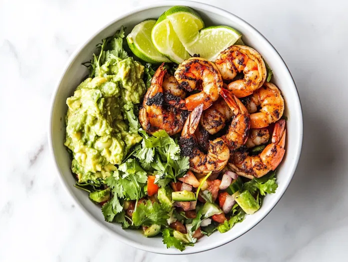 Top-down view of the completed blackened shrimp salad bowl, garnished with lime wedges and guacamole, ready to serve. A serving spoon is placed beside the bowl on the white marble cooktop